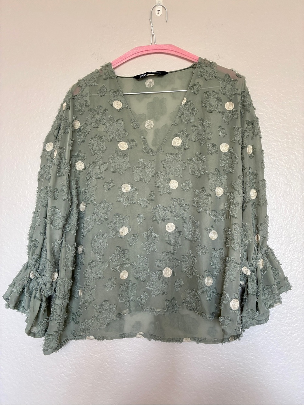 Zara Textured Dot V-Neck Blouse - Sage Green & White Bell Sleeve Embroidered Y2K